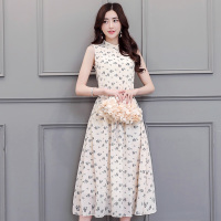 丝柏舍2018夏装新款中长款无袖立领修身收腰小碎花连衣裙S72R0445
