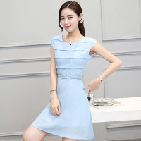 2019夏装女装纯色圆领修身连衣裙（有腰带）