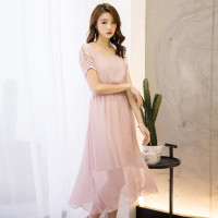 丝柏舍圆领短袖连衣裙女2018夏装新款纯色收腰飘逸中长裙S72R0035
