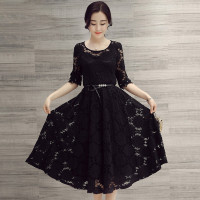 丝柏舍2018秋季新款女士圆领A字裙五分袖纯色蕾丝中长款连衣裙S71R0573