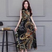 丝柏舍2017夏装新款女立领花色宽松中长款无袖连衣裙S71R0668