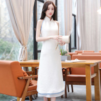 丝柏舍2017春夏新款纯色无袖修身立领中长款连衣裙女S71R0604