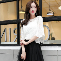 丝柏舍雪纺衫女2017春装新款荷叶袖蕾丝上衣吊带真两件套S71R0128