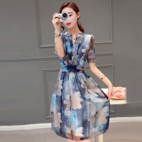 丝柏舍2018夏季新款女装花色短袖收腰气质中长款连衣裙S72R0154