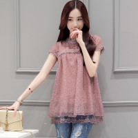 丝柏舍 雪纺衫女短袖2018夏装新款女装圆领碎花蕾丝拼接宽松雪纺衫S62A0760