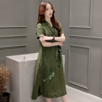 丝柏舍2019夏季女装V领盘扣绣花连衣裙S72R0245