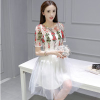丝柏舍2019夏装女装圆领短袖绣花收腰连衣裙S72R0119