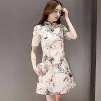 丝柏舍2018夏季新款女装短袖印花立领民族风短裙收腰修身连衣裙S72R0121