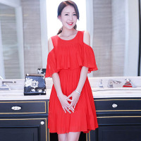 丝柏舍2019夏装女装纯色宽松漏肩荷叶边连衣裙S72R0341