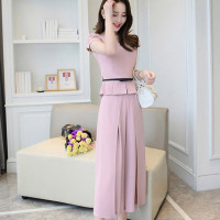 2019夏装女装纯色圆领短袖上衣+阔腿裤两件套套装（有腰带）