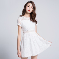 丝柏舍2018夏装新款中长款纯色圆领修身短袖蕾丝边连衣裙S72R0166