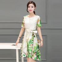 丝柏舍2018夏季新款女装清新印花短袖圆领收腰连衣裙(配腰带)S72R0321