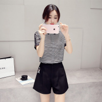 2019夏季女装条纹短袖上衣+短裤两件套装