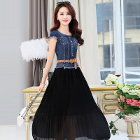 2019夏季女装圆领短袖拼接中长款连衣裙（有腰带）