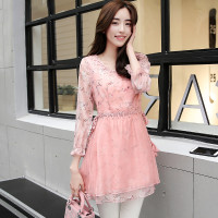 丝柏舍2017年春季女圆领碎花图案雪纺蕾丝拼接高腰雪纺衫S71R0122