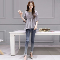 丝柏舍2017夏季新款女装纯色中袖圆领宽松甜美时尚百搭雪纺衫S71R0534