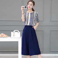 丝柏舍2019夏装女装条纹上衣搭宽松裤子套装S72R0209