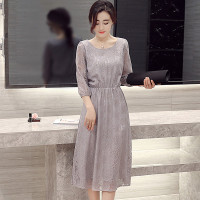 丝柏舍2017夏新款女装七分袖中长款时尚韩版纯色蕾丝连衣裙（配腰带）S71R0522