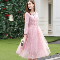丝柏舍2017春装新款纯色圆领九分袖中长款修身蕾丝连衣裙S71R0029