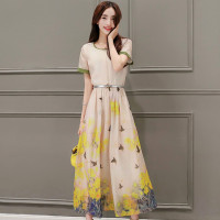 丝柏舍女装2018夏装新款圆领短袖长款印花修身显瘦连衣裙S72R0130