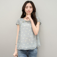 丝柏舍 2018夏装新款女装圆领短袖印花宽松休闲百搭雪纺衫S72R0638