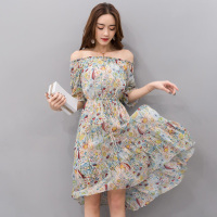 丝柏舍2018夏装新款女装一字领露肩中袖碎花中长款连衣裙S72R0524