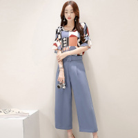 丝柏舍2018年夏季新款女装 时尚印花上衣搭九分裤套装(配腰带)S72R0153