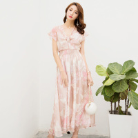 丝柏舍2019夏季女装V领宽松印花连衣裙