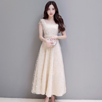 丝柏舍2018夏装新款女装短袖修身粉色绣花拼接长款连衣裙S72R0401