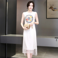 丝柏舍2018夏装新款女装圆领无袖绣花拼接中长款连衣裙S72R0173