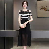 丝柏舍2018夏装新款女圆领露肩短袖条纹拼接中长款连衣裙S72R0178
