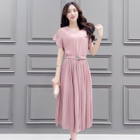 丝柏舍2018年夏季新款女装淑女纯色圆领短袖收腰连衣裙S72R0673