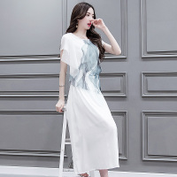 丝柏舍2018夏装新款女圆领中长款纯色印花短袖修身连衣裙S72R0568