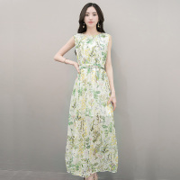 丝柏舍 2018夏装新款女装圆领无袖印花腰带收腰长款连衣裙S72R0624
