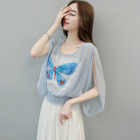 丝柏舍2018夏季新款女纯色印花圆领收腰短款百搭宽松上衣S72R0791