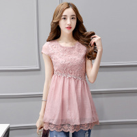 丝柏舍2018夏装新款女装纯色圆领修身短袖中长款蕾丝边雪纺衫S72R1065S