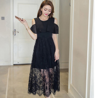 丝柏舍2019夏装女纯色圆领露肩蕾丝拼接连衣裙