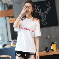 丝柏舍2018夏装新款韩版百搭宽松短袖白色字母刺绣露肩T恤S72R0878T