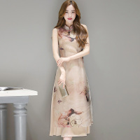 丝柏舍2018夏装新款立领无袖长款印花修身假两件连衣裙女S72R0484