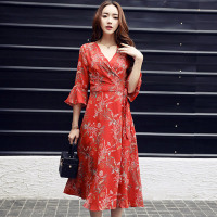 丝柏舍2018夏装新款女装个性前卫复古收腰修身显瘦七分袖中长款连衣裙S72R1337L