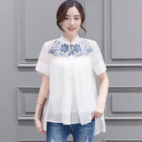 丝柏舍 2018夏季新款女百搭民族风短袖立领前短后长雪纺衫S72R0702
