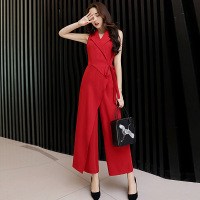 2019夏季女装纯色翻领无袖修身长款连体裤