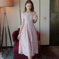 丝柏舍2018夏装新款女装优雅时尚拼接纯色一字领中长款连衣裙S72R1061L