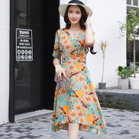 丝柏舍2018夏装新款女韩版V领印花短袖中款连衣裙S72R1287L