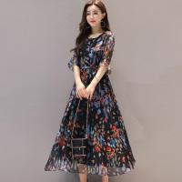 丝柏舍2018夏装新款女装气质淑女轻熟风印花修身中长款连衣裙S72R1133L