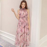 丝柏舍2018夏装新款女田园小清新性感无袖碎花松紧腰长款连衣裙S72R0998L