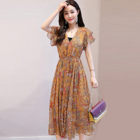 丝柏舍2018夏装新款时尚印花收腰修身短袖长款连衣裙S72R1568L