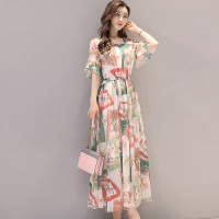丝柏舍2018夏季新款女装圆领印花五分喇叭袖修身长款连衣裙S72R1259L