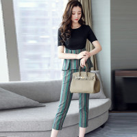 丝柏舍2018夏装新款女装时尚韩版通勤条纹拼接短袖上衣搭七分裤套装S72R1142N