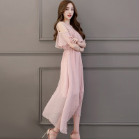 丝柏舍2018夏装新款女装优雅甜美个性拼接露肩圆领收腰修身短袖中长款连衣裙S72R1154L